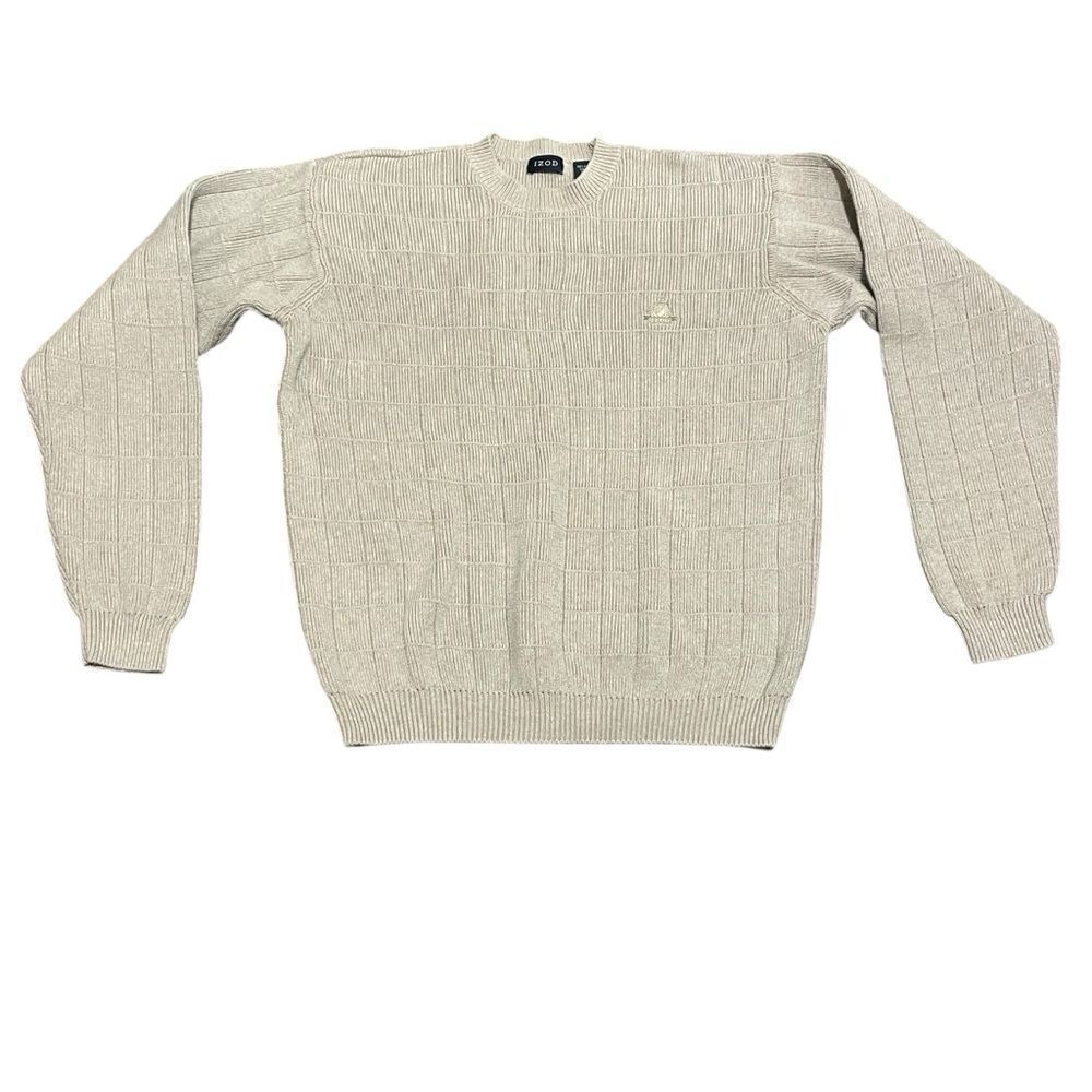Izod Mens Long Sleeve Crew Neck Textured Sweater 100% Cotton Beige Size Medium